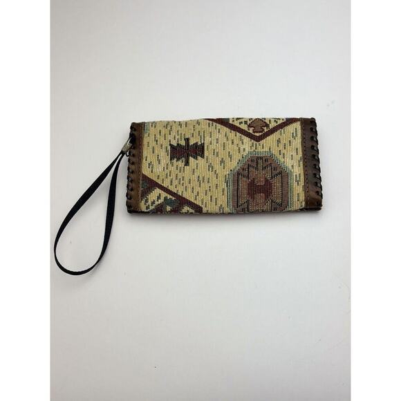 Handmade Brown‎ Leather Tooled Wallet Fabric Aztec print - Picture 2 of 5